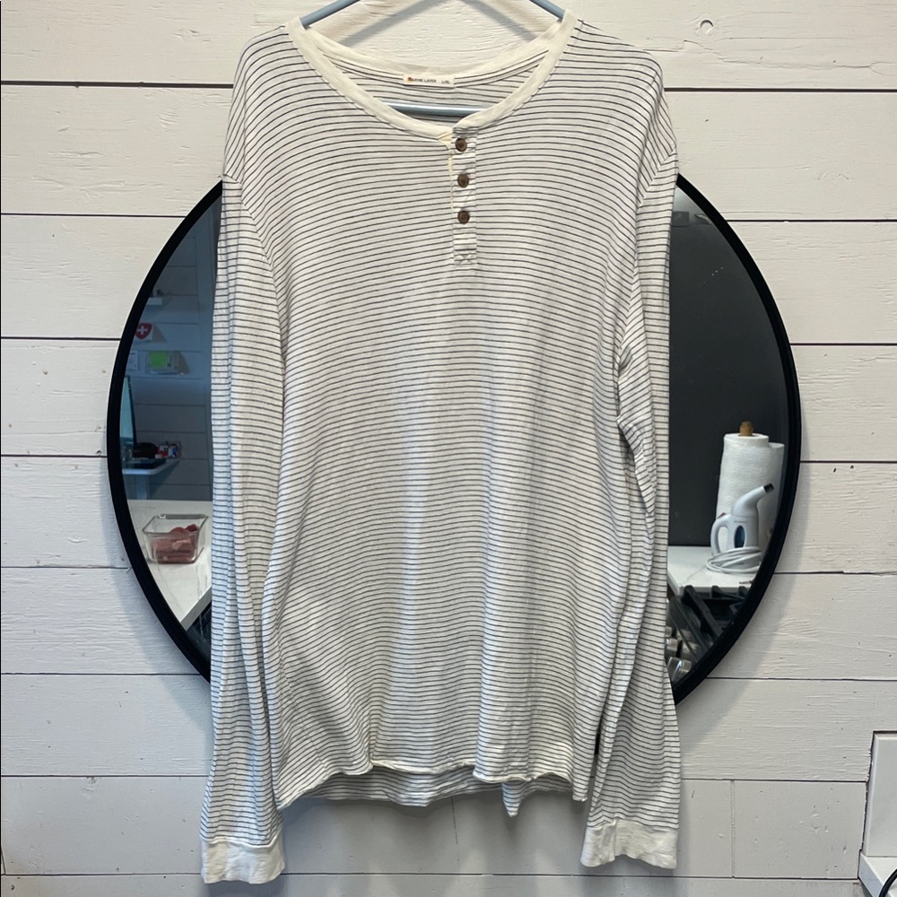 🌊 Marine Layer L/XL Cotton Blend Henley – White Stripe – Long Sleeve